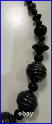 Atq Hand-Carved Whitby Jet Bead Necklace Round Bicone Polished Beads Victorian