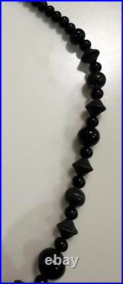 Atq Hand-Carved Whitby Jet Bead Necklace Round Bicone Polished Beads Victorian