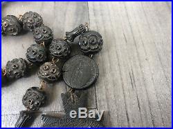 Authentic Antique Victorian Habit Rosary Hand Carved Bog Oak Huge Large Rare