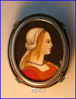 BEAUTIFUL Antique VICTORIAN Hand Painted CAMEO PORTRAIT 800 Silver PIN Pendant