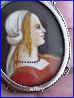 BEAUTIFUL Antique VICTORIAN Hand Painted CAMEO PORTRAIT 800 Silver PIN Pendant