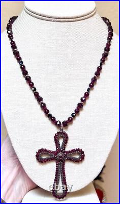 BEAUTIFUL Antique Victorian. 950 Sterling Silver Garnet & Spinel Cross Necklace