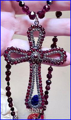 BEAUTIFUL Antique Victorian. 950 Sterling Silver Garnet & Spinel Cross Necklace