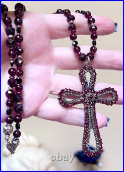 BEAUTIFUL Antique Victorian. 950 Sterling Silver Garnet & Spinel Cross Necklace