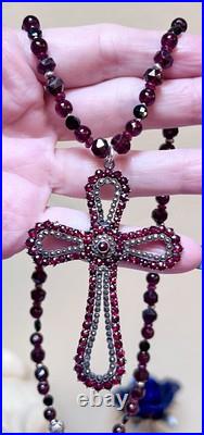 BEAUTIFUL Antique Victorian. 950 Sterling Silver Garnet & Spinel Cross Necklace