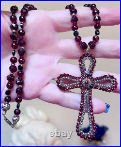 BEAUTIFUL Antique Victorian. 950 Sterling Silver Garnet & Spinel Cross Necklace