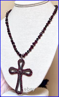 BEAUTIFUL Antique Victorian. 950 Sterling Silver Garnet & Spinel Cross Necklace