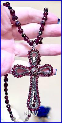 BEAUTIFUL Antique Victorian. 950 Sterling Silver Garnet & Spinel Cross Necklace