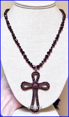 BEAUTIFUL Antique Victorian. 950 Sterling Silver Garnet & Spinel Cross Necklace