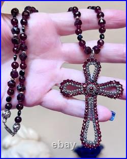 BEAUTIFUL Antique Victorian. 950 Sterling Silver Garnet & Spinel Cross Necklace