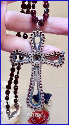 BEAUTIFUL Antique Victorian. 950 Sterling Silver Garnet & Spinel Cross Necklace