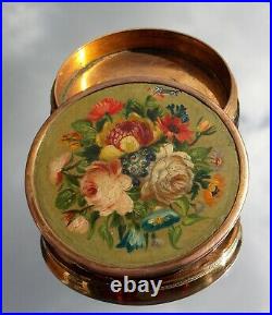 BEAUTIFUL & HEAVY VICTORIAN BRASS TABLE TOP BOX with HAND PAINTED FLOWERS