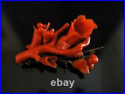 BEAUTIFUL VICTORIAN ANTIQUE CORAL BROOCH HAND CARVED SALMON COLOR -14k GOLD WIRE