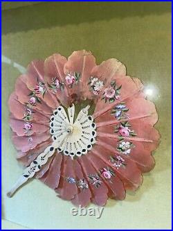 Beautiful ANTIQUE VICTORIAN Pink Silk Hand Painted Hand FAN SHADOW BOX