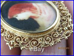 Beautiful ANTIQUE Victorian 18K 750 Gold Filigree hand painted Portrait pendant