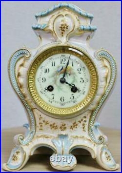 Beautiful Antique French 8 Day Hand Painted Hard Paste Porcelain Mantle Clock