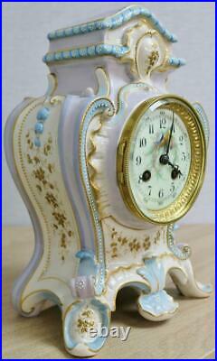 Beautiful Antique French 8 Day Hand Painted Hard Paste Porcelain Mantle Clock