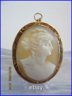 Beautiful Antique Victorian 10K Gold Hand Carved Shell Cameo Brooch Pin Pendant