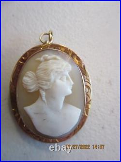 Beautiful Antique Victorian 10K Gold Hand Carved Shell Cameo Brooch Pin Pendant