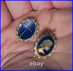 Beautiful Antique Victorian 14K Gold French Hand Painted Enamel Earrings RARE
