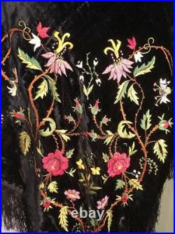 Beautiful Antique Victorian Hand Embroidered Black Velvet Shawl VGC
