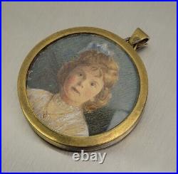 Beautiful Late Victorian Hand Painted Portrait Of Young Girl & Hair Pendant