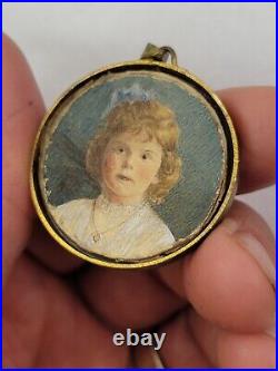 Beautiful Late Victorian Hand Painted Portrait Of Young Girl & Hair Pendant
