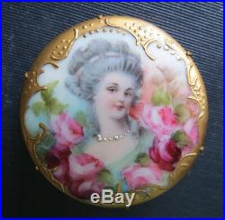 Beautiful Victorian Hand Painted Woman & Roses Porcelain Brooch Pin Antique