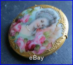 Beautiful Victorian Hand Painted Woman & Roses Porcelain Brooch Pin Antique