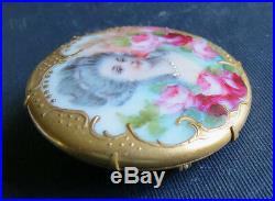 Beautiful Victorian Hand Painted Woman & Roses Porcelain Brooch Pin Antique