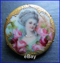 Beautiful Victorian Hand Painted Woman & Roses Porcelain Brooch Pin Antique