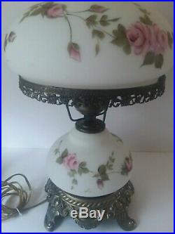Beautiful White Floral Roses Hand Painted 3 Way Vintage GWTW Table Lamp