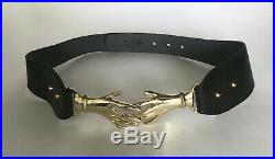Belt Chain Clasping Hands Belt Leather Victorian Style Gold Tone Buckle Hands