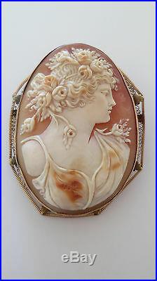 Big Antique Victorian 14K Gold Hand-Carved Cameo Pin Pendant Goddess Flora