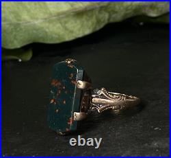 Bloodstone Ring 14K Rose Gold Victorian Hand Etched Mystical Ring Gorgeous
