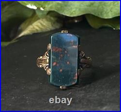 Bloodstone Ring 14K Rose Gold Victorian Hand Etched Mystical Ring Gorgeous