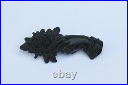 Bog oak Irish Victorian brooch hand holding rose flower not jet