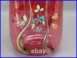 Bohemian Harrach Hand Enameled Floral Cranberry & Blue Glass Vase C. 1890