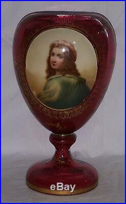 Bohemian cranberry glass vintage Victorian antique hand painted vase
