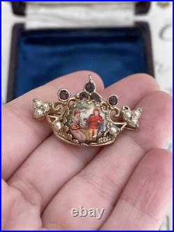 Brooch Crown hand painted Cabochon Rhinestone Faux Pearl Victorian Style Rare
