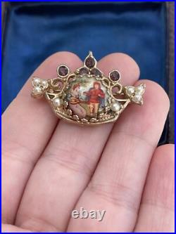 Brooch Crown hand painted Cabochon Rhinestone Faux Pearl Victorian Style Rare
