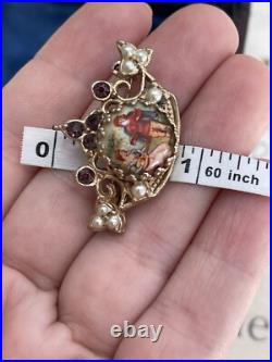 Brooch Crown hand painted Cabochon Rhinestone Faux Pearl Victorian Style Rare