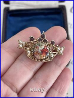 Brooch Crown hand painted Cabochon Rhinestone Faux Pearl Victorian Style Rare