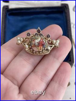 Brooch Crown hand painted Cabochon Rhinestone Faux Pearl Victorian Style Rare