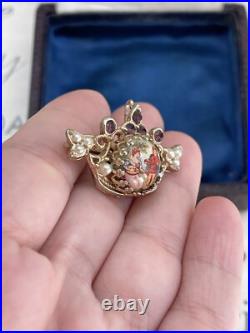 Brooch Crown hand painted Cabochon Rhinestone Faux Pearl Victorian Style Rare
