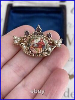Brooch Crown hand painted Cabochon Rhinestone Faux Pearl Victorian Style Rare
