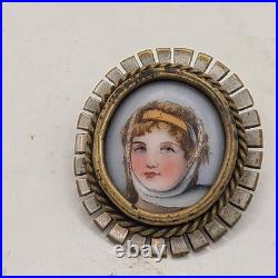 Brooch Victorian lady portrait hand painted on porcelain. Gorgeous metal edging