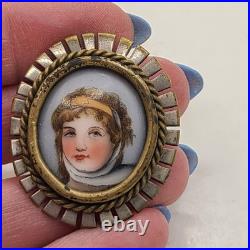 Brooch Victorian lady portrait hand painted on porcelain. Gorgeous metal edging