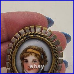 Brooch Victorian lady portrait hand painted on porcelain. Gorgeous metal edging