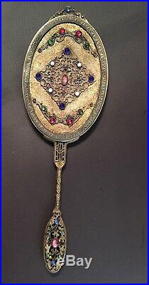 C1880 Ormolu Filigree Bronze & Jeweled Hand Mirror